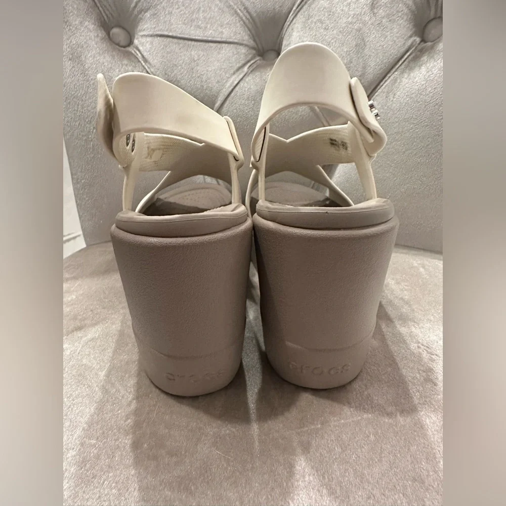 Crocs Brooklyn High Wedge Sandals Womens 8 Almond LiteRide Slingback Heel 206222 - Picture 3 of 5